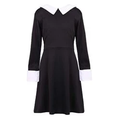 Girls Gothic Schoolgirl Fancy Dress Costume - Children's Wednesday Halloween Costume - Long Black Dress With White Collar & Cuffs