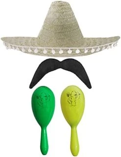 MEXICAN FANCY DRESS ACCESSORY SET - MEXICAN SOMBRERO WITH MARACAS AND TASH BLACK POM POM SOMBRERO + 2X RED MARACAS -I Love Fancy Dress Ltd Shop 31BzHUDdThS. AC