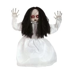 Animatronic Large Doll In White Dress 82cm 32" Halloween Decoration - Red Light Up Eyes & Sound Effects - Jumps And Says Boo! - Halloween Props - Pack Of 1