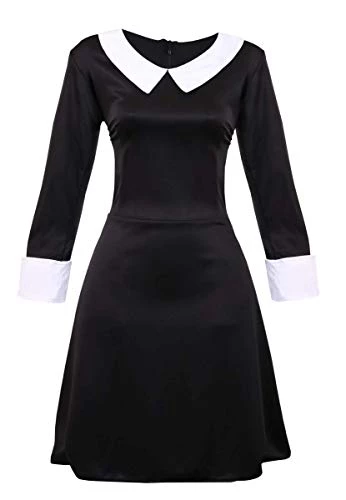 Ladies Gothic Manor Daughter Fancy Dress Costume - Adult's Wednesday Halloween Costume - Long Black Collared Dres, Tights & Facepaint 3 Ladies Gothic Manor Daughter Fancy Dress Costume - Adult's Wednesday Halloween Costume - Long Black Collared Dres, Tights & Facepaint - Image 3