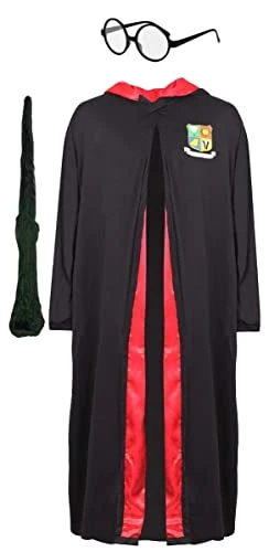 Wizard Fancy Dress Costume For Kids - Black Wizard Cloak + Black Glasses + Branch Wand + Scarf - World Book Day Character Outfit For Girls And Boys 3 Wizard Fancy Dress Costume For Kids - Black Wizard Cloak + Black Glasses + Branch Wand + Scarf - World Book Day Character Outfit For Girls And Boys - Image 3