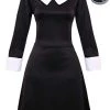 Ladies Gothic Manor Daughter Fancy Dress Costume - Adult's Wednesday Halloween Costume - Long Black Collared Dress & Facepaint