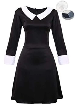 Ladies Gothic Manor Daughter Fancy Dress Costume - Adult's Wednesday Halloween Costume - Long Black Collared Dress & Facepaint