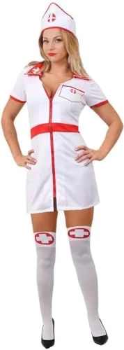 ADULT NURSE COSTUME - LADIES WHITE & RED SEXY NURSE DRESS WITH MATCHING HAT - PERFECT FOR FANCY DRESS PARTIES AND HALLOWEEN FANCY DRESS