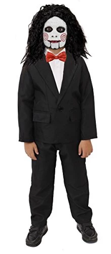 CHILDS EVIL PUPPET FANCY DRESS COSTUME - CHILD HALLOWEEN COSTUME - BLACK SUIT, RED BOW TIE, FACEPAINT, WIG AND GLOVES - PERFECT FOR MOVIE THEMED FANCY DRESS