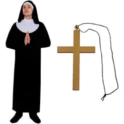 MENS NUN FANCY DRESS COSTUME NOVELTY STAG NIGHT OUTFIT BLACK TUNIC WITH WHITE COLLAR + BLACK HOOD + BELT + GOLD CROSS FUNNY OUTFIT