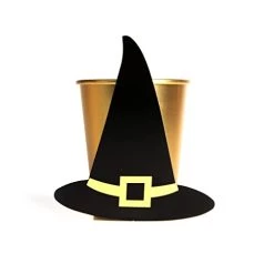 Halloween Witch Hat Cups - Pack Of 10 Gold Paper Cups With Attachable Black Witch Hats - Do It Yourself Halloween Party Tableware Decoration