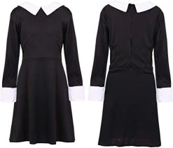 Girls Deluxe Gothic Schoolgirl Fancy Dress Costume - Wednesday Halloween Costume - Long Black Collared Dress + Striped Tights + Facepaint -I Love Fancy Dress Ltd Shop 31fn6aDFiL