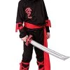DRAGON NINJA COSTUME - BLACK AND RED NINJA SUIT WITH RED DRAGON SYMBOL + RED BANDANA - KIDS NINJA FANCY DRESS COSTUME