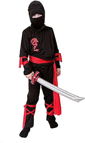 DRAGON NINJA COSTUME - BLACK AND RED NINJA SUIT WITH RED DRAGON SYMBOL + RED BANDANA - KIDS NINJA FANCY DRESS COSTUME 1 DRAGON NINJA COSTUME - BLACK AND RED NINJA SUIT WITH RED DRAGON SYMBOL + RED BANDANA - KIDS NINJA FANCY DRESS COSTUME