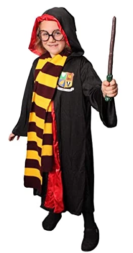 Wizard Fancy Dress Costume For Kids - Black Wizard Cloak + Black Glasses + Branch Wand + Scarf - World Book Day Character Outfit For Girls And Boys 6 Wizard Fancy Dress Costume For Kids - Black Wizard Cloak + Black Glasses + Branch Wand + Scarf - World Book Day Character Outfit For Girls And Boys - Image 6