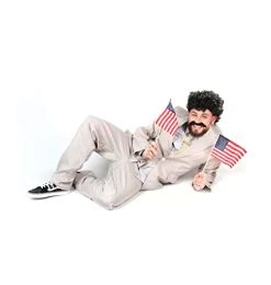 MENS FUNNY JOURNALIST COSTUME - GREY SUIT + WHITE TIE + CURLY BLACK WIG + TASH + AMERICAN HAND-WAVING FLAG - ADULTS TV MOVIE FANCY DRESS COSTUME -I Love Fancy Dress Ltd Shop 31kDR2rUnHL