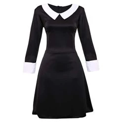 Ladies Gothic Manor Daughter Fancy Dress Costume - Adult's Wednesday Halloween Costume - Long Black Dress With White Collar & Cuffs