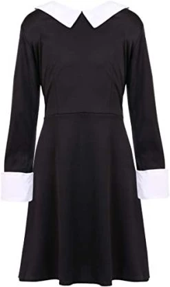 Girls Deluxe Gothic Schoolgirl Fancy Dress Costume - Wednesday Halloween Costume - Long Black Collared Dress + Striped Tights + Facepaint -I Love Fancy Dress Ltd Shop 31kXOmbB0GL