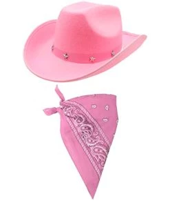 ILOVEFANCYDRESS COWBOY FANCY DRESS ACCESSORY SET COSTUME PINK COWBOY HAT WITH STAR STUDDED BAND & COLOURED PAISLEY BANDANA WILD WEST WESTERN SHERIFF BANDANA (PINK BANDANA)