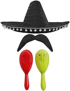 MEXICAN FANCY DRESS ACCESSORY SET - MEXICAN SOMBRERO WITH MARACAS AND TASH BLACK POM POM SOMBRERO + 2X RED MARACAS -I Love Fancy Dress Ltd Shop 31qkz8FVhPS. AC