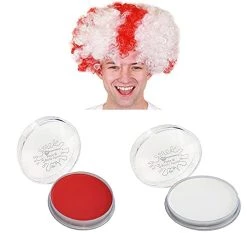 ST GEORGES DAY FANCY DRESS COSTUME ACCESSORY SET - AFRO/BOB WIG & RED & WHITE FACEPAINT SET - SUPPORTER RUGBY FOOTBALL MENS WOMENS DRESS UP