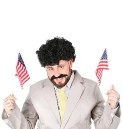 MENS FUNNY JOURNALIST COSTUME - GREY SUIT + WHITE TIE + CURLY BLACK WIG + TASH + AMERICAN HAND-WAVING FLAG - ADULTS TV MOVIE FANCY DRESS COSTUME -I Love Fancy Dress Ltd Shop 411Qy5zNi L