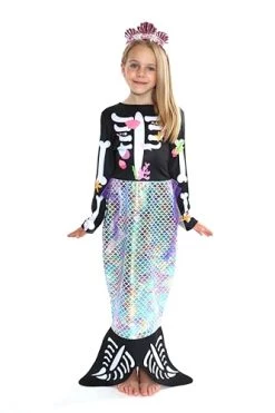 Girls Skeleton Mermaid Halloween Costume - Black Skeleton Dress With Mermaid Tail Skirt And Pink Shell Headband - Kids Halloween Trick Or Treat Fancy Dress Costume
