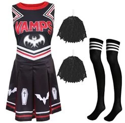 Ladies Halloween Vampire Cheerleader - XX-Large - Black & Red Cheerleader Dress, Black Pompoms And Black & White Sport Socks - Adults Cheer Captain Halloween Trick Or Treat Fancy Dress Costume