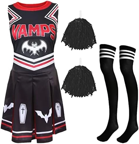 Ladies Halloween Vampire Cheerleader - XX-Large - Black & Red Cheerleader Dress, Black Pompoms And Black & White Sport Socks - Adults Cheer Captain Halloween Trick Or Treat Fancy Dress Costume 10 Ladies Halloween Vampire Cheerleader - XX-Large - Black & Red Cheerleader Dress, Black Pompoms And Black & White Sport Socks - Adults Cheer Captain Halloween Trick Or Treat Fancy Dress Costume - Image 10