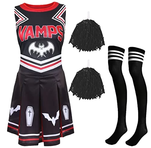 Ladies Halloween Vampire Cheerleader - XX-Large - Black & Red Cheerleader Dress, Black Pompoms And Black & White Sport Socks - Adults Cheer Captain Halloween Trick Or Treat Fancy Dress Costume 1 Ladies Halloween Vampire Cheerleader - XX-Large - Black & Red Cheerleader Dress, Black Pompoms And Black & White Sport Socks - Adults Cheer Captain Halloween Trick Or Treat Fancy Dress Costume