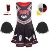 Girls Halloween Vampire Cheerleader - Black Cheerleader Dress With Red Pom Poms, Fake Blood And Facepaint