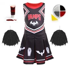 Girls Halloween Vampire Cheerleader - Black Cheerleader Dress With Red Pom Poms, Fake Blood And Facepaint