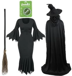 Ladies Wicked Witch Halloween Costume - Includes: Broom, Black Dress, Hooded Cape, Tattered Hat And Green Facepaint