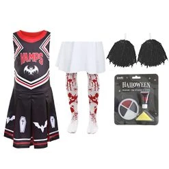 Girls Halloween Vampire Cheerleader - Black Cheerleader Dress With Black Pom Poms, Bloody Tights, Fake Blood And Facepaint
