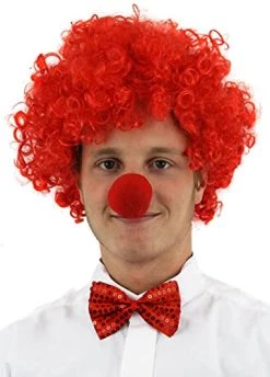 Red Nose Fancy Dress Set - Unisex Red Bob Wig + Sequin Bow Tie + Red Nose Novelty Clown Costume - Supporters Gear One Size