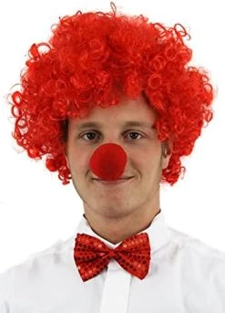 Red Nose Fancy Dress Set - Unisex Red Bob Wig + Sequin Bow Tie + Red Nose Novelty Clown Costume - Supporters Gear One Size -I Love Fancy Dress Ltd Shop 415kMGwarDL. AC