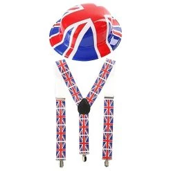 Union Jack Accessory Set – Plastic British Flag Union Jack Bowler Hat + Union Jack Braces - Jubilee Ve Day Celebration Fancy Dress Accessories