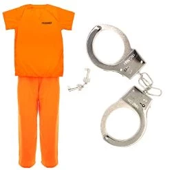 Womans Unisex Prisoners Costume With Cuffs - Orange Prisoner Top, Matching Orange Trousers, Prop Handcuffs – Cops & Robbers, Halloween Fancy Dress