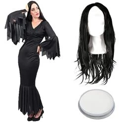Ladies Halloween Gothic Dress Costume - XX-Large - Long Black Dress With Jagged Edges, Long Black Wig And White Facepaint - Ladies Vampire TV And Film Halloween Fancy Dress Costume