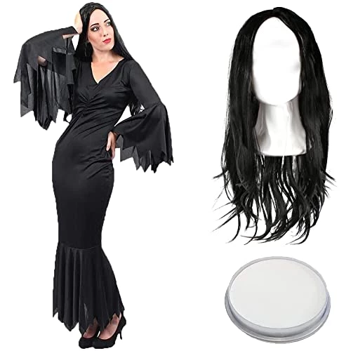 Ladies Halloween Gothic Dress Costume - XX-Large - Long Black Dress With Jagged Edges, Long Black Wig And White Facepaint - Ladies Vampire TV And Film Halloween Fancy Dress Costume 1 Ladies Halloween Gothic Dress Costume - XX-Large - Long Black Dress With Jagged Edges, Long Black Wig And White Facepaint - Ladies Vampire TV And Film Halloween Fancy Dress Costume