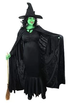 Ladies Wicked Witch Halloween Costume - Black Dress + Hooded Velour Cape + Witch's Hat + Green Facepaint - Fancy Dress Party Book Movie Themed