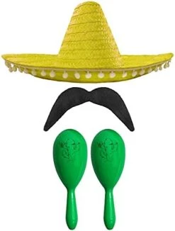MEXICAN FANCY DRESS ACCESSORY SET - MEXICAN SOMBRERO WITH MARACAS AND TASH BLACK POM POM SOMBRERO + 2X RED MARACAS -I Love Fancy Dress Ltd Shop 41DBHmzJxQS. AC