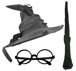 ADULTS WIZARD FANCY DRESS COSTUME ACCESSORY SET - WIZARD HAT + ROUND BLACK GLASSES + BRANCH STYLE WIZARD'S WAND - FANCY DRESS ACCESSORIES FOR BOOK WEEK (GREY)