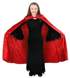 Girls Gothic Dress Halloween Fancy Dress Costume - Vampire Fancy Dress For Girls - Halloween Costume For Kids - Black Dress With Edges & Red Velour Cape