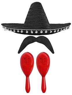 MEXICAN FANCY DRESS ACCESSORY SET - MEXICAN SOMBRERO WITH MARACAS AND TASH BLACK POM POM SOMBRERO + 2X RED MARACAS