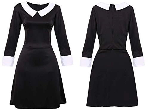 Ladies Gothic Manor Daughter Fancy Dress Costume - Adult's Wednesday Halloween Costume - Long Black Collared Dres, Tights & Facepaint 2 Ladies Gothic Manor Daughter Fancy Dress Costume - Adult's Wednesday Halloween Costume - Long Black Collared Dres, Tights & Facepaint - Image 2