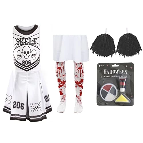 Girls Halloween Skeleton Cheerleader - Black/White Cheerleader Dress With Red Pom Poms, Bloody Tights, Fake Blood And Facepaint -I Love Fancy Dress Ltd Shop 41JKiPtkg0L