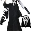 Adults Screamer Mask Halloween Costume Set - Scary Movie Fancy Dress - Black Robe + Fake Knife + Mask + Gloves