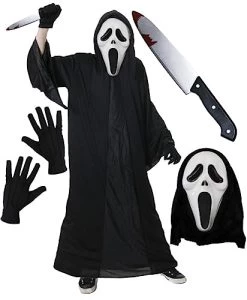 Adults Screamer Mask Halloween Costume Set - Scary Movie Fancy Dress - Black Robe + Fake Knife + Mask + Gloves