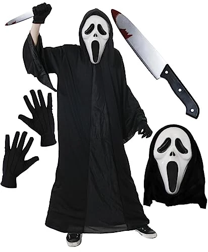 Adults Screamer Mask Halloween Costume Set - Scary Movie Fancy Dress - Black Robe + Fake Knife + Mask + Gloves 1 Adults Screamer Mask Halloween Costume Set - Scary Movie Fancy Dress - Black Robe + Fake Knife + Mask + Gloves