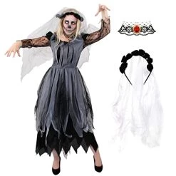 Ladies Ghost Bride Halloween Fancy Dress - Large - Black Corpse Bride Wedding Dress - Perfect For Halloween Or Any Fancy Dress Party