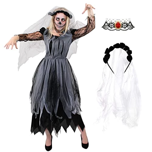 Ladies Ghost Bride Halloween Fancy Dress - Large - Black Corpse Bride Wedding Dress - Perfect For Halloween Or Any Fancy Dress Party 1 Ladies Ghost Bride Halloween Fancy Dress - Large - Black Corpse Bride Wedding Dress - Perfect For Halloween Or Any Fancy Dress Party