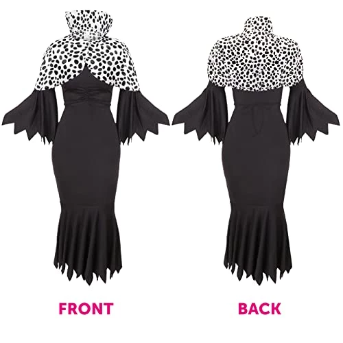 Adults Evil Dog Lady Dalmatian Print Fancy Dress Costume - Long Black Dress, Dalmatian Print Cape & Wig - Perfect For Halloween Or World Book Day Fancy Dress 5 Adults Evil Dog Lady Dalmatian Print Fancy Dress Costume - Long Black Dress, Dalmatian Print Cape & Wig - Perfect For Halloween Or World Book Day Fancy Dress - Image 5