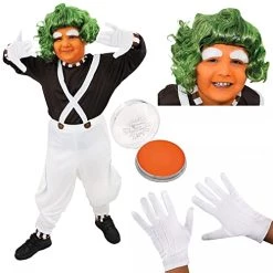 Childs Chocolate Factory Worker Fancy Dress - Brown Top - White Dungarees - Green Wig - White Gloves - Orange Facepaint - World Book Day/Book Week Character Costume For Boys